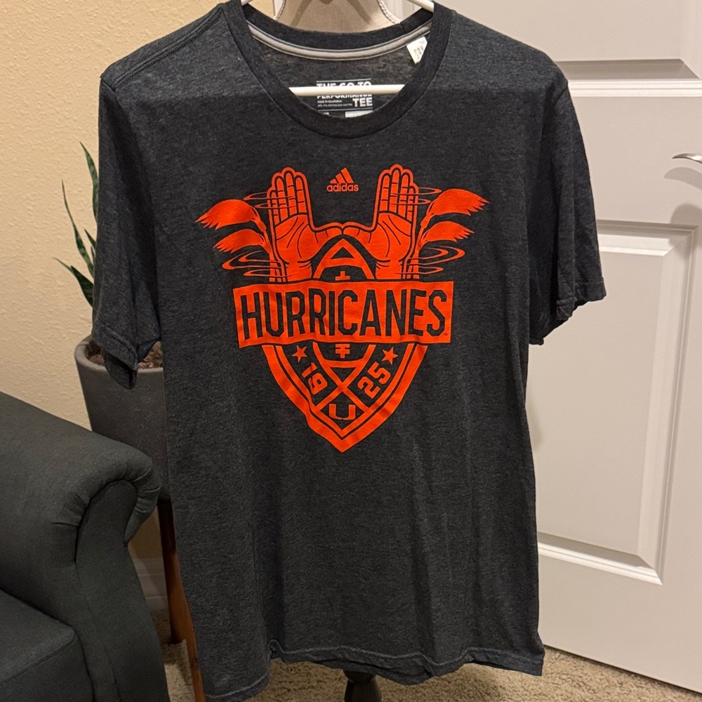 Adidas Charcoal Tee with Vibrant Orange Graphic - Miami Hurricanes
